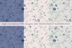 Set of elegant blue Floral Toile de Jouy seamless patterns with delicate hand-drawn flowers and vintage botanical branches, shown on fabric, packaging, wallpaper, and fashion mockups; includes JPG, PNG, AI, EPS, SVG, PAT files.