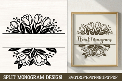 Elegant split floral monogram with tulip flowers and "Floral Monogram" text, vector SVG design for Cricut and personalization
