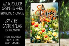 Spring Garden Flag Sublimation Design, Birdhouse and Flowers Product Image 1