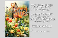 Spring Garden Flag Sublimation Design, Birdhouse and Flowers Product Image 2