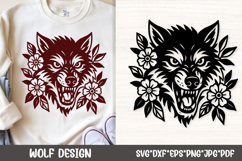 This bold floral wolf SVG features a fierce howling wolf head framed by blooming flowers and leaves, perfect for edgy t shirts, hoodies, tattoos, decals, wall art, and boho western apparel. Ideal for Cricut and Silhouette users who love combining wild nat
