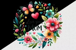 Floral wreath flowers heart butterfly Love You Mom quote Mother Day print 20 oz tumbler skinny mug wrap clipart t-shirt sublimation printable design