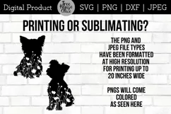 Floral Yorkshire Terrier SVG Digital Files features two different yorkie dog designs with wildflowers inside the dog silhouette.  Directions given for using PNG or JPEG for printing or sublimation projects