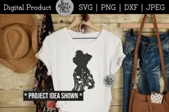 Floral yorkshire terrier silhouette with flowers shown on a womens white shirt with country or western clothing around it.  design features a yorkie dog with flowers inside the silhouette