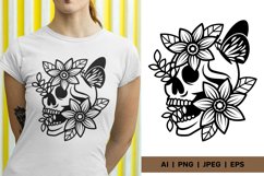 Human Skull with Open Jaw, Starflowers, Leaves and Butterfly Product Image 1