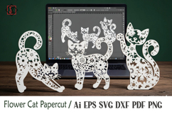 Flower Cat Papercut /3 kitten poses in silhouettes/SVG Product Image 1