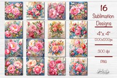 Square Coaster Flower Coasters Bundle contains 16 designs with watercolor Peonies PNG. This is a standard square coaster 4&#039;&#039; x 4&#039;&#039; you can also use it as a keychain sublimation design.