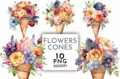 Flower ice Cream Cones | Watercolour Clipart PNG Product Image 1
