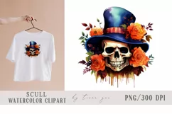 Halloween floral skull with witch hat clipart- 1 png Product Image 1