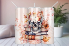 Watercolor Skull and Books Halloween Tumbler Sublimation PNG Product Image 1