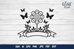 Floral Ribbon SVG | Flower Banner with Butterflies Product Image 1