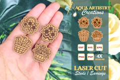 4x Flowers Buckets Studs Earrings Laser Cut Florals SVGs Product Image 1