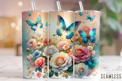 Butterfly Tumbler Wrap PNG, Floral Butterflies Tumbler Wrap Product Image 1