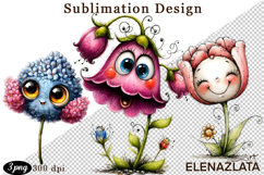 Watercolor funny Flowers Clipart, big eyes Product Image 1