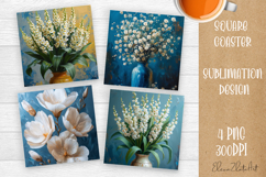 Flower coaster Sublimation Square coaster design Watercolor Product Image 1