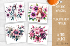 Flower coaster Sublimation Square coaster design Watercolor Product Image 1