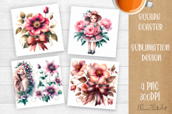 Flower coaster Sublimation Square coaster design Watercolor Product Image 1