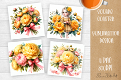Flower coaster Sublimation Square coaster design Watercolor Product Image 1