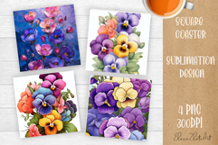 Flower coaster Sublimation Square coaster design Watercolor Product Image 1