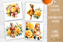 Flower coaster Sublimation Square coaster design Watercolor Product Image 1