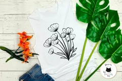 black flowers outline drawing on a white beach shirt