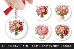 Flowers round keychain pintable sublimation design png Product Image 1