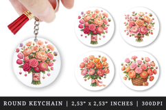 Flowers round keychain pintable sublimation design png Product Image 1