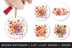 Flowers round keychain pintable sublimation design png Product Image 1