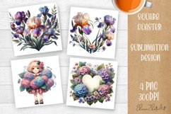 Flowers Square Coasters, valentines day Sublimation Design Product Image 1