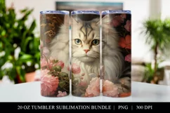 20 oz Floral Cat Skinny Tumbler Sublimation Design PNG Product Image 1