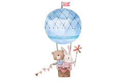 Watercolor Cute Bear and Rabbit Hot Air Balloon Product Image 2