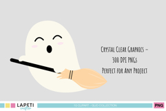Pastel ghost flying on a broom, shown with product text highlighting high resolution and clean PNG format.