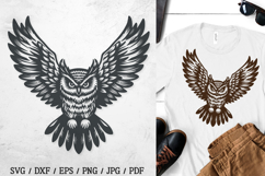 Vintage woodcut flying owl front-view SVG with wings fully spread, layered feathers, and fierce eyes, perfect for gothic t-shirts, tattoos, decals, posters, laser-cut wood or metal wall art
