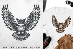 Owl SVG—hand-drawn flying owl with open wings, vintage engraving vector for woodland shirts, mugs, engraving, and decor.