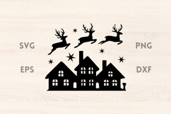 Flying Reindeers Christmas Town Scene SVG Product Image 1
