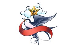 Flying Swallow with Star and Ribbon Colorful Tattoo Product Image 1