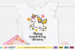 White tank top with pastel unicorn jumping among flowers and the quote “Flying toward my dreams”.