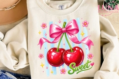 Sweet Cherries with Pink Bow PNG, Coquette Cherry Clipart PN Product Image 2