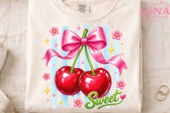 Sweet Cherries with Pink Bow PNG, Coquette Cherry Clipart PN Product Image 3
