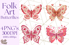 Folk Art Valentine Butterflies Red Pink Heart Wings Clipart Product Image 1