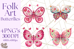 Folk Art Valentine Butterflies Red Pink Heart Wings Clipart Product Image 1