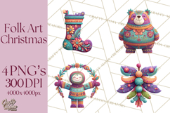 Vibrant Yuletide Friends Clipart, Christmas Folk Art Png Product Image 1