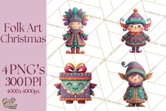 Vibrant Yuletide Friends Clipart, Christmas Folk Art Png Product Image 1