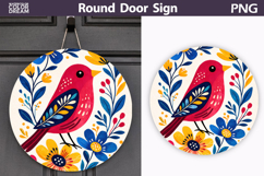 Spring Bird Floral Round Sign PNG | Folk Bird Door Hanger Product Image 1