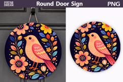 Spring Bird Floral Round Sign PNG | Folk Bird Door Hanger Product Image 1