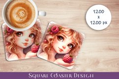 Girl with raspberries Coaster Design, summer Sublimation Product Image 1
