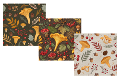 forest foraging, chanterelle mushrooms, acorn clusters, sumac leaves, nature pattern