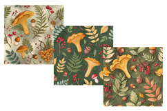 forest foraging, chanterelle mushrooms, acorn clusters, sumac leaves, nature pattern