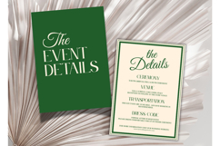 Minimalist luxury wedding invitation template in green and ivory, clean and elegant Canva wedding invite design