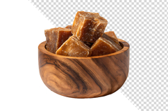 Rustic Wooden Bowl Filled with Natural Brown Sugar Cubes Product Image 1